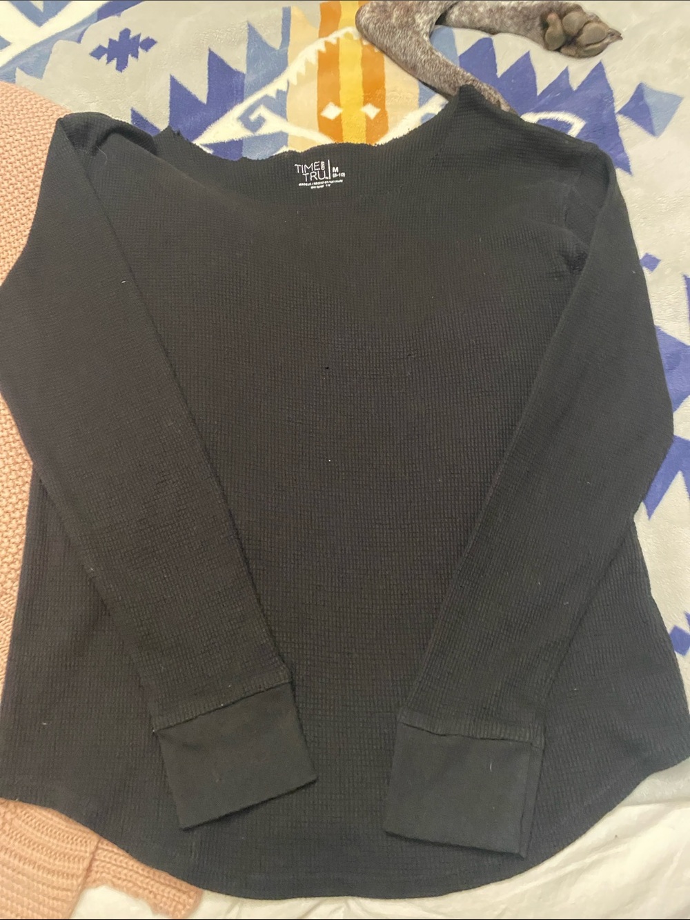 Time and Tru Black Waffle Knit Long Sleeve Collar cut to be off the shoulder